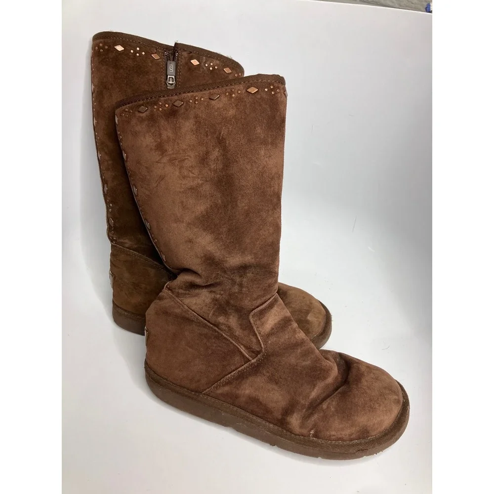 UGG Tall Suede Boots Womens 8 Brown Good Studded Metallic Zip Up 5544 winter